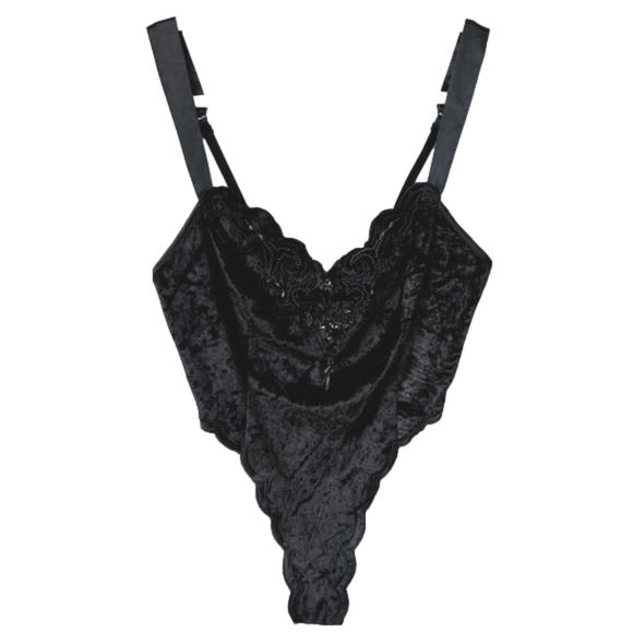 Victoria's Secret Other - VTG Victoria’s Secret Gold Label Black Velvet Beaded Thong Bodysuit Sz XS / S